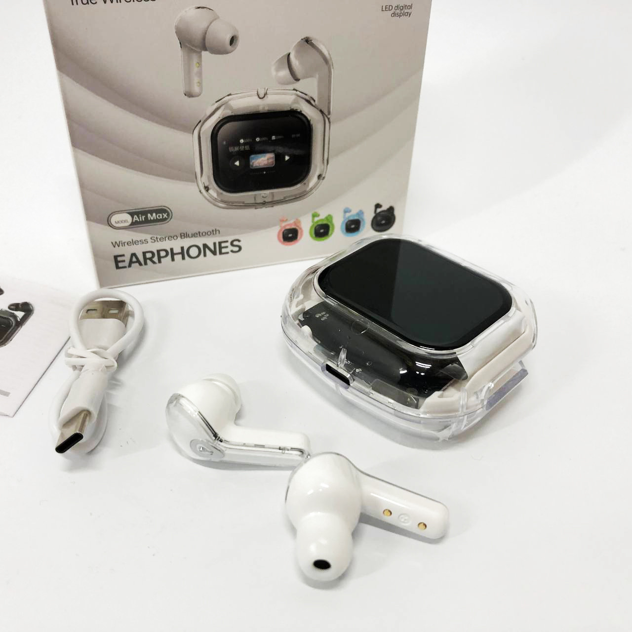 Бездротові вакуумні навушники TWS з дисплеєм LED, вологозахист IPx4 Bluetooth 5.4 з кейсом. Колір: білий, фото 1