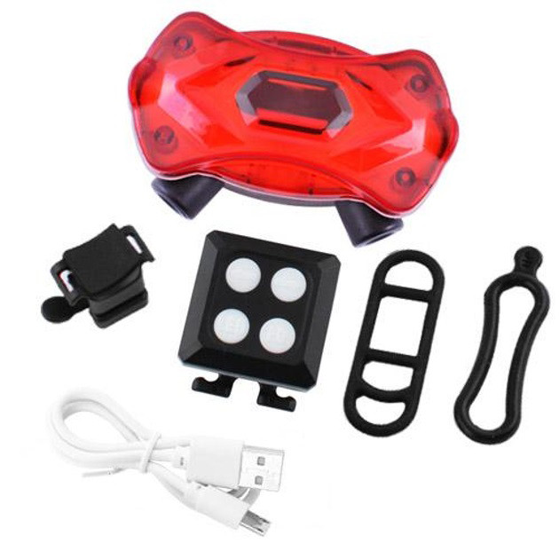 Велоліхтар KXK-03 STOP (червоно-синій), сирена, 2 LASER, із зазначенням поворотів, LED ліхтар із USB, фото 1