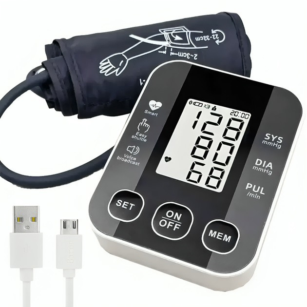 Автоматичний тонометр для вимірювання тиску з роботою від батарей USB РК-дисплеєм індикатором заряду, фото 1