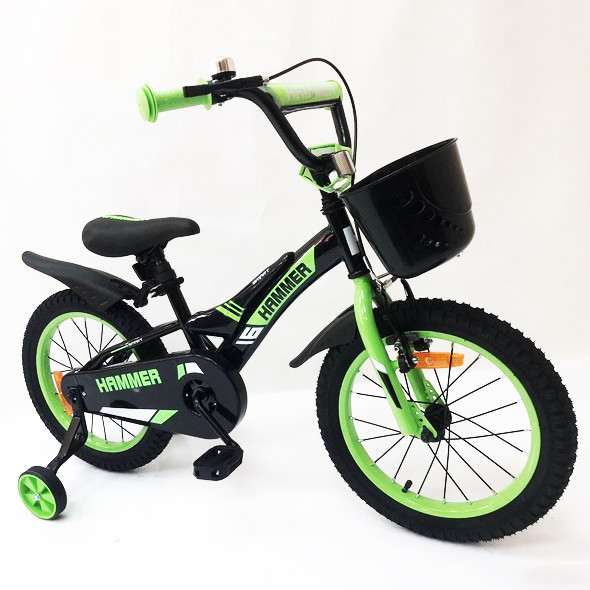 Дитячий двоколісний велосипед Hammer Smart H2021 20 дюймів із бічними колесами, кошиком. Колір: зелений, фото 1