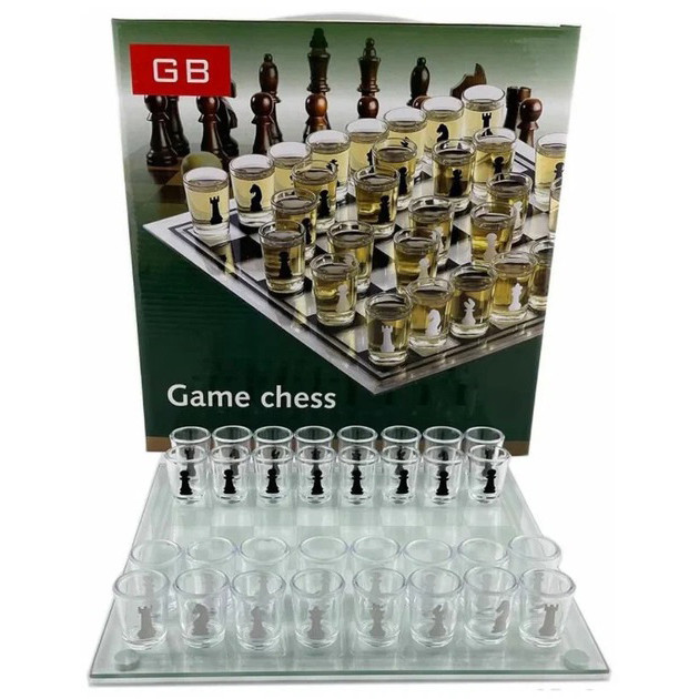 Алко П'яні шахи з чарками та скляною дошкою 24х24 см. Алкогольні шахи чарки, настільна гра 32 чарки, фото 1