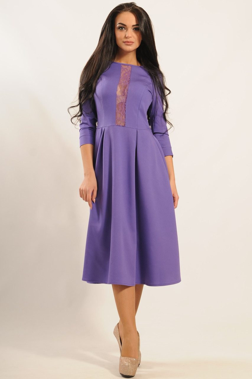 Красивое платье длины миди из костюмной ткани с гипюром юбка солнце 42-52 размера - фото 1 - id-p496576840