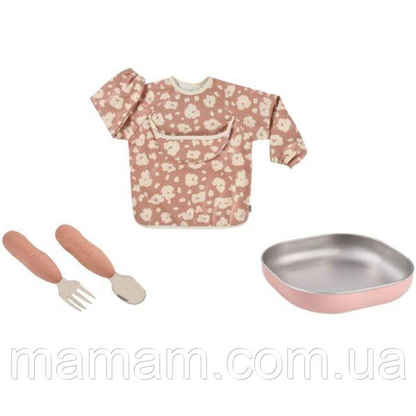 Набір посуду Beaba Savannah Bloom подарунковий металевий 4+ Pink, фото 1