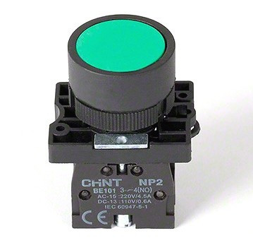 Кнопка NP2-EA35 пластик 1NO+1NC AC 6V-230V зелёная