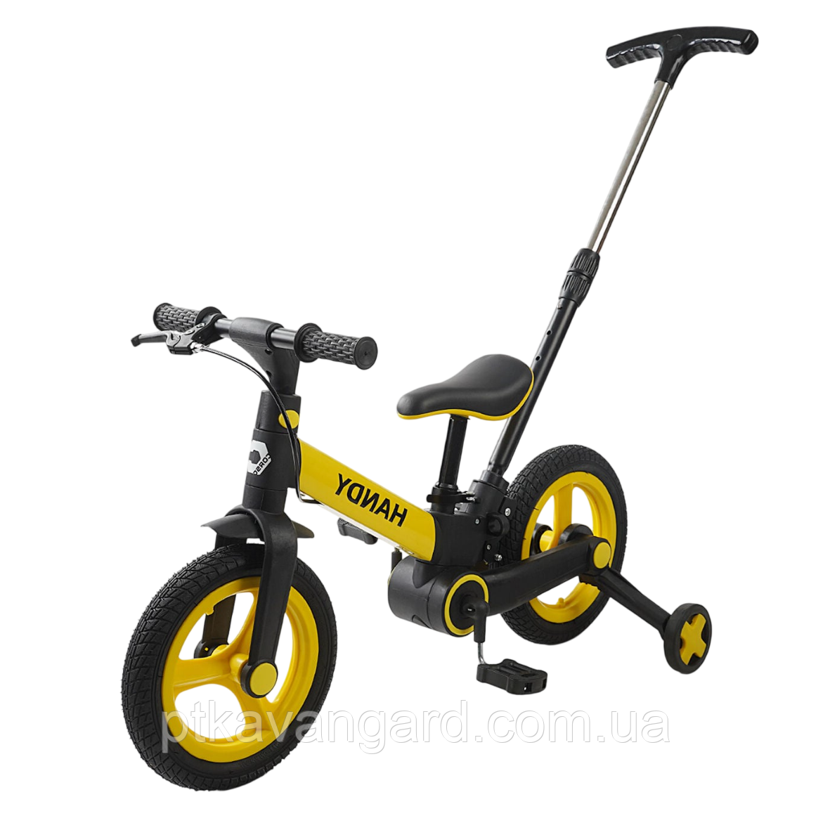 Велосипед трансформер велобіг з батьківською ручкою Corso (колеса PU 12 дюймів, ручне гальмо) жовтий, фото 1