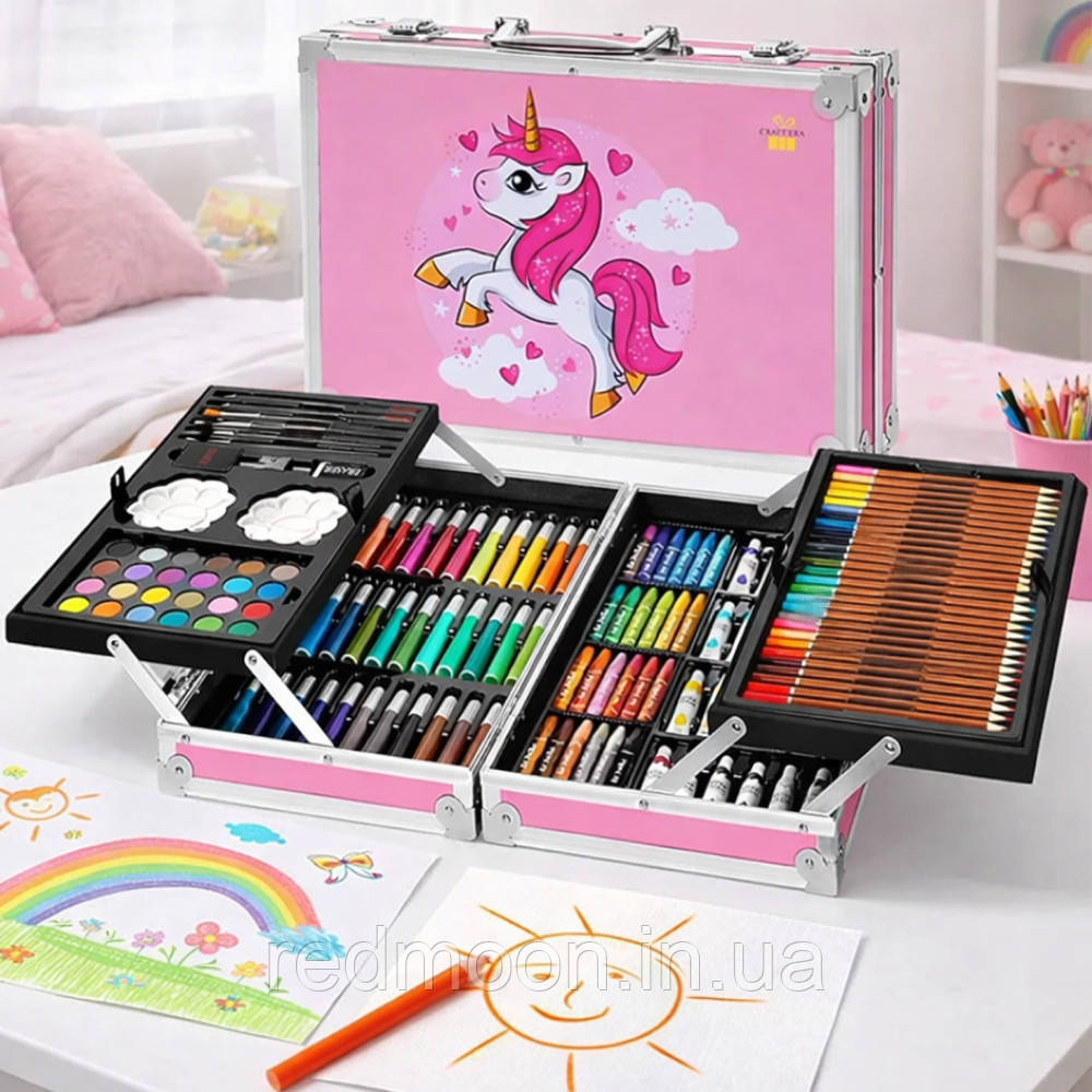 Набір для малювання 145 предметів, у валізі, Рожевий / Дитячий набір для творчості, фото 1