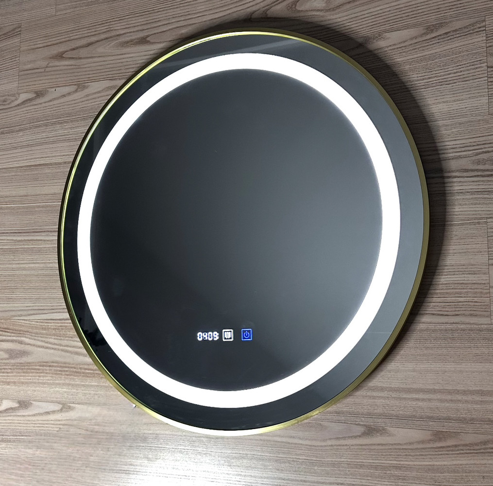 Led дзеркало в золотій рамі з годинником, антипаром, сенсорне