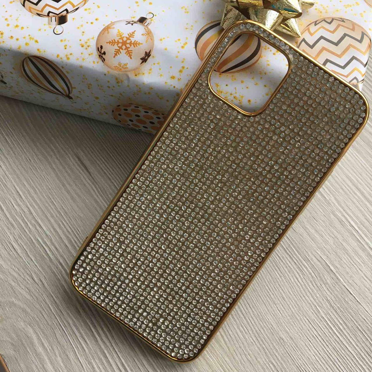 

Золотой силиконовый чехол iphone 11pro max с камнями Сваровски, Золотистый