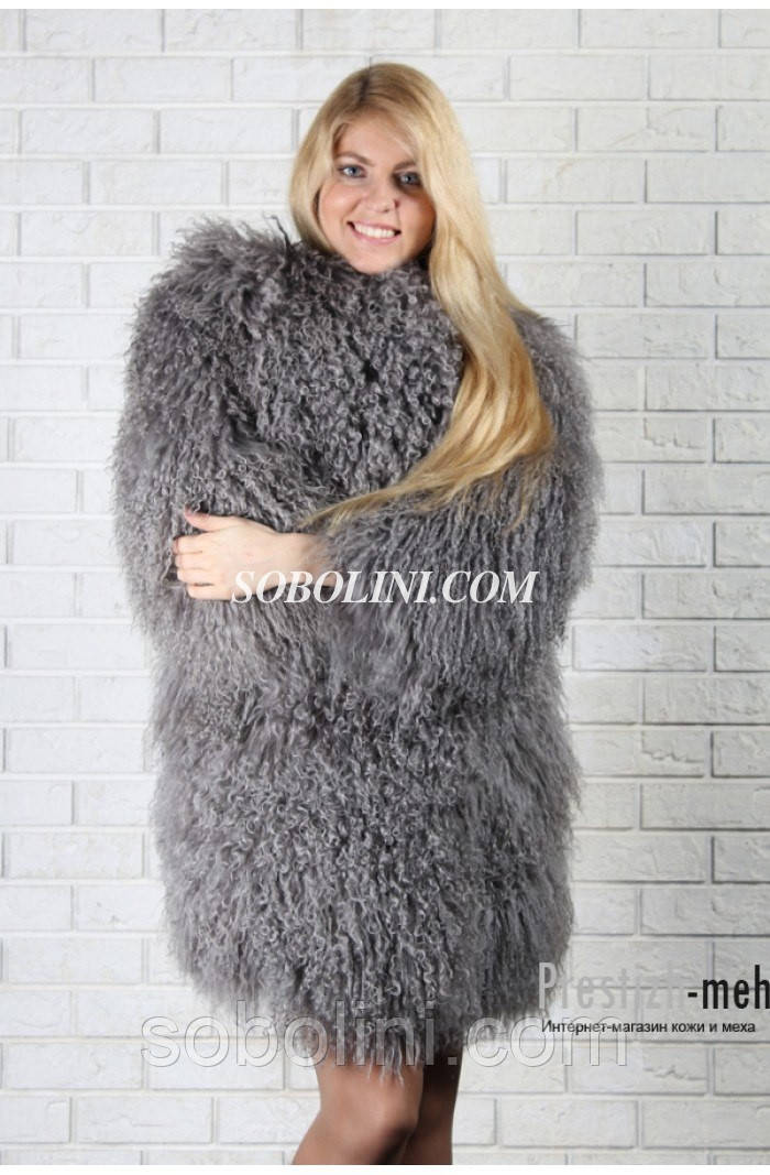 Шуба з хутра лами, колір сірий, рукав 3/4, довжина 80 см, фото 1