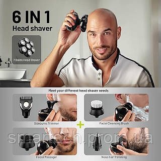 Электробритва для головы 7D 6-в-1 - Wet/Dry, IPX6, LED дисплей, быстрая зарядка Type-C