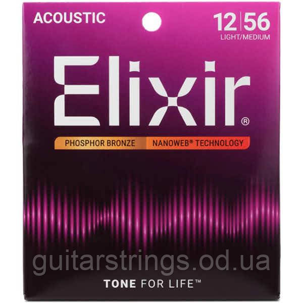 Струни Elixir 16077 Nanoweb Phosphor Bronze Light-Medium 12-56, фото 1