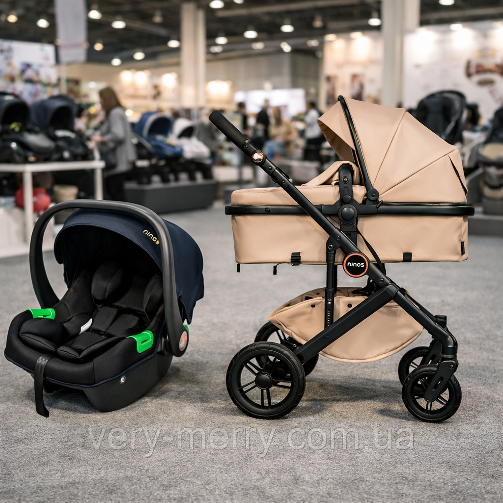 Дитяча коляска-трансформер 3 в 1 Ninos Ave (Нінос Аве)  Light Beige (світло-бежевий колір) з автокріслом 0+, фото 1