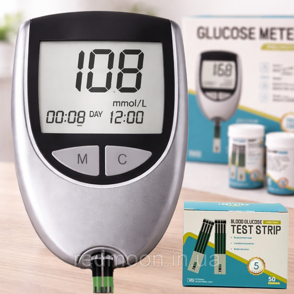 Прилад для вимірювання цукру + 50 тестів, від батарейки, JHBGM001A / Глюкометр / Вимірювач цукру в крові, фото 1