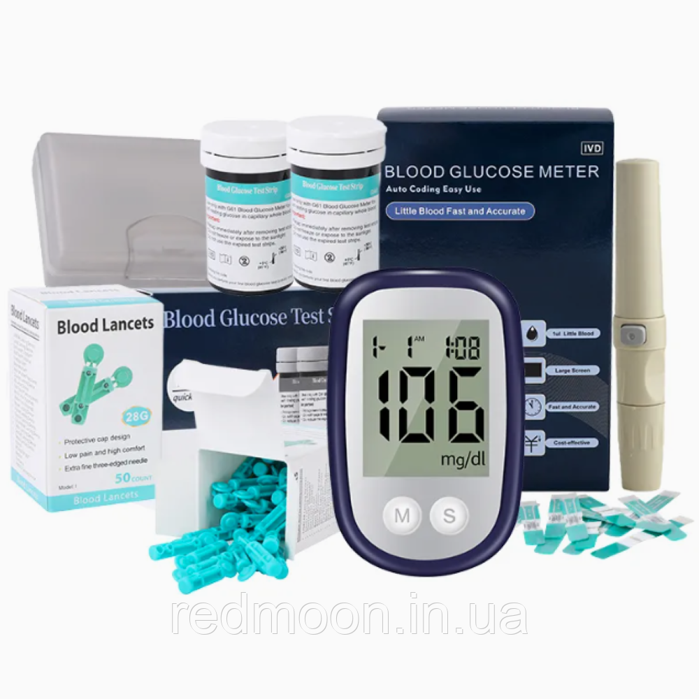 Прилад для вимірювання цукру + 50 тестів, від батарейки / Глюкометр / Вимірювач цукру в крові / Електрохімічні глюкометри, фото 1