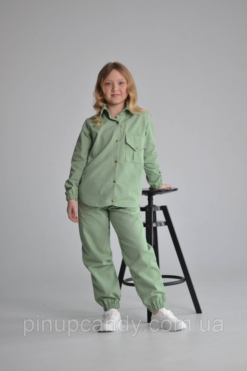 Дитячий джинсовий костюм демісезон з бавовни (розміри на зріст: 140-158 см) оливковий, фото 1