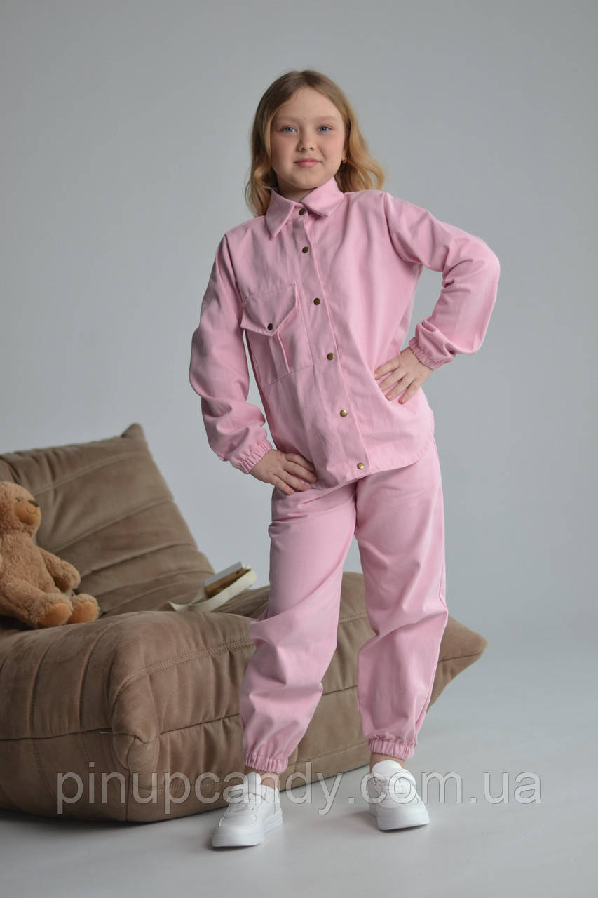 Дитячий джинсовий костюм демісезон з бавовни (розміри на зріст: 104-128 см) рожевий, фото 1