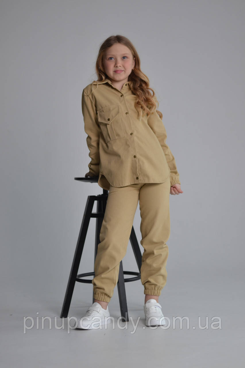 Дитячий джинсовий костюм демісезон з бавовни (розміри на зріст: 104-128 см) бежевий, фото 1
