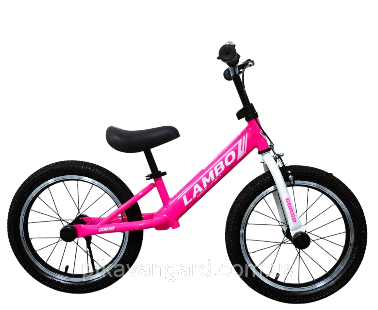 Біговел дитячий 16 дюймів рожевий для дівчинки (ручне гальмо, сидіння регулюється, підніжка, дзвінок) Corso, фото 1