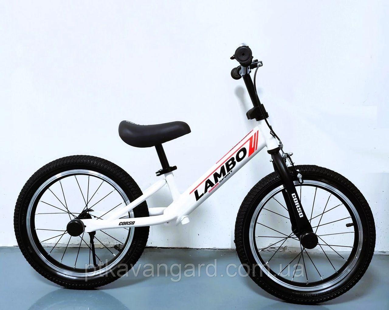Біговел 16 дюймів дитячий (ручне гальмо, сидіння регулюється, підніжка, дзвінок) "CORSO LAMBO" LM-63449, фото 1