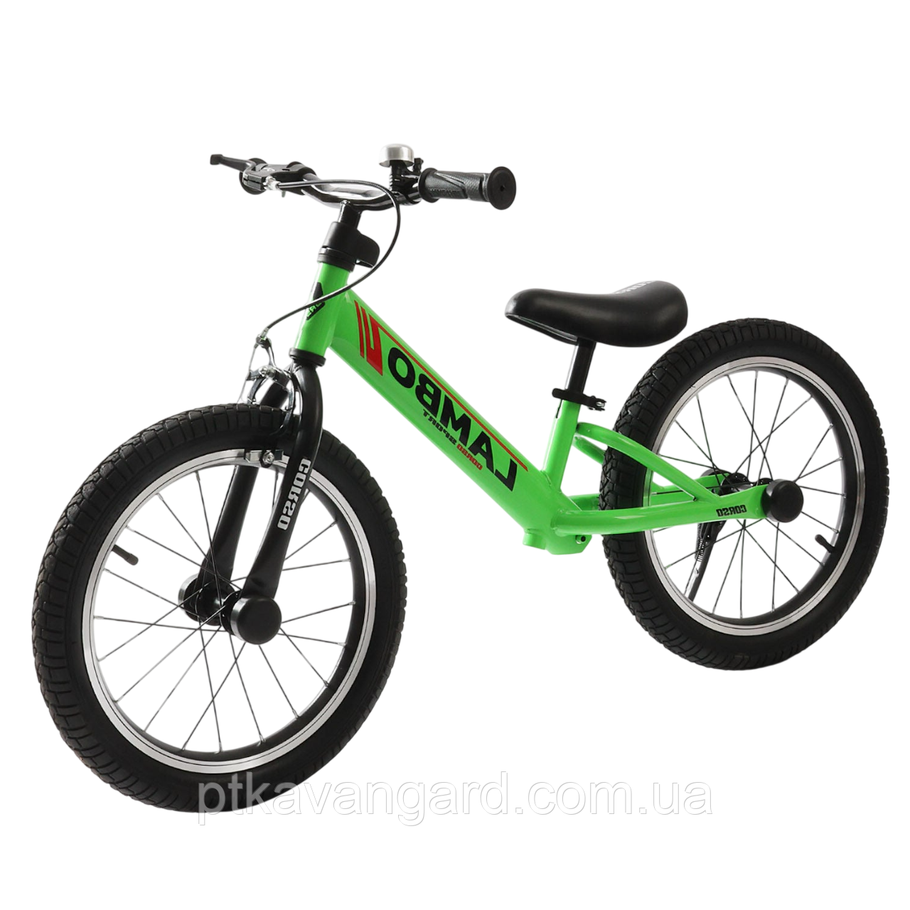 Велобіг 16 дюймів дитячий (ручне гальмо, сидіння регулюється, підніжка, дзвінок) Corso LAMBO LB-16599 Зелений, фото 1