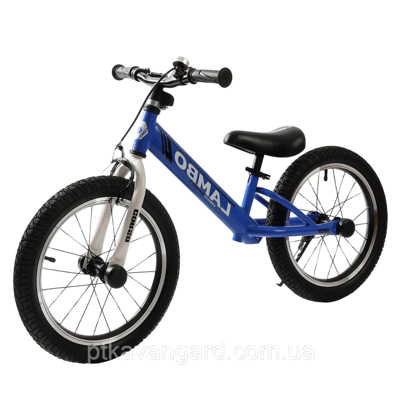 Біговел 16 дюймів дитячий (ручне гальмо, сидіння регулюється, підніжка, дзвінок) Corso Синій, фото 1