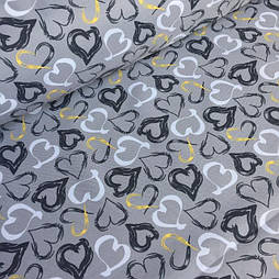 Тентова тканина для колясок сірого кольору в жовто-білі сердечка № к-1