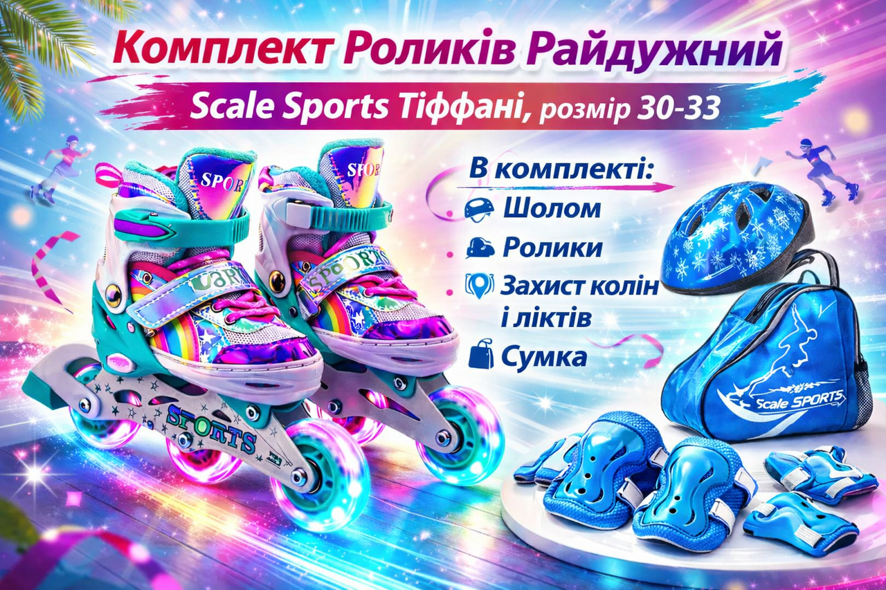 Комплект Роликів 5 в 1 Захист + Шолом + Сумка Райдужний Scale Sports Тіффані, розмір 30–33, фото 1