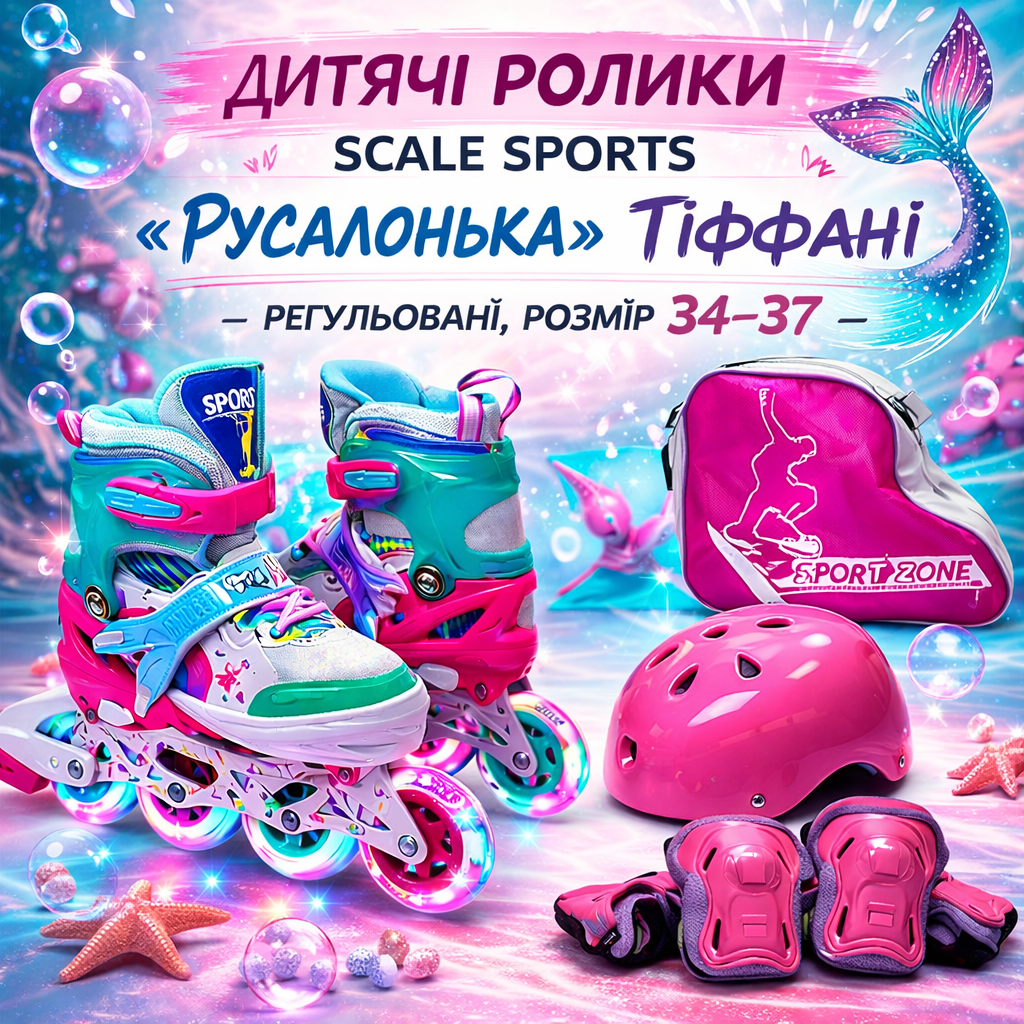 Дитячі ролики Scale Sports «Русалонька» Тіффані — регульовані, розмір 34–37, фото 1