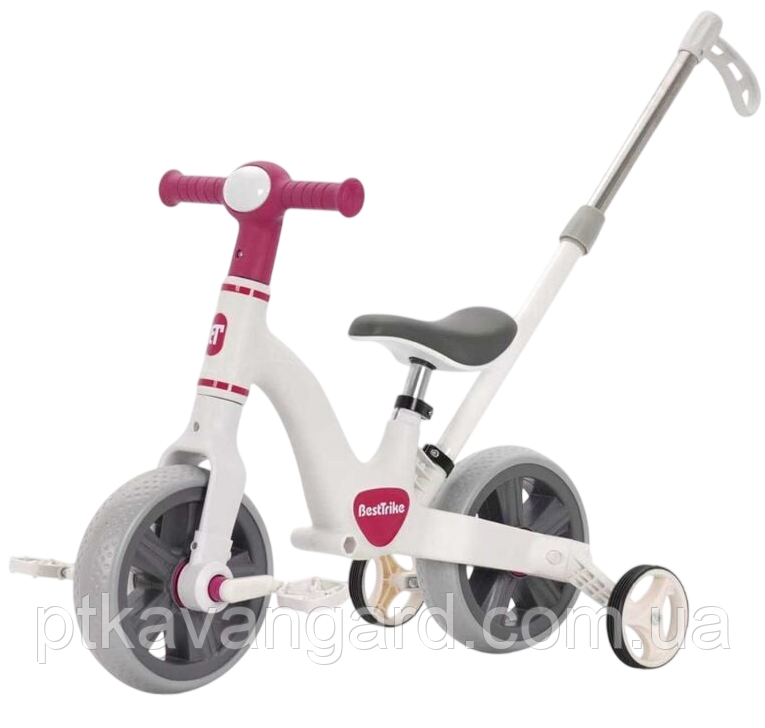 Велосипед-трансформер 4в1 біговел з батьківською ручкою Best Trike BT-10562 біло-рожевий, фото 1