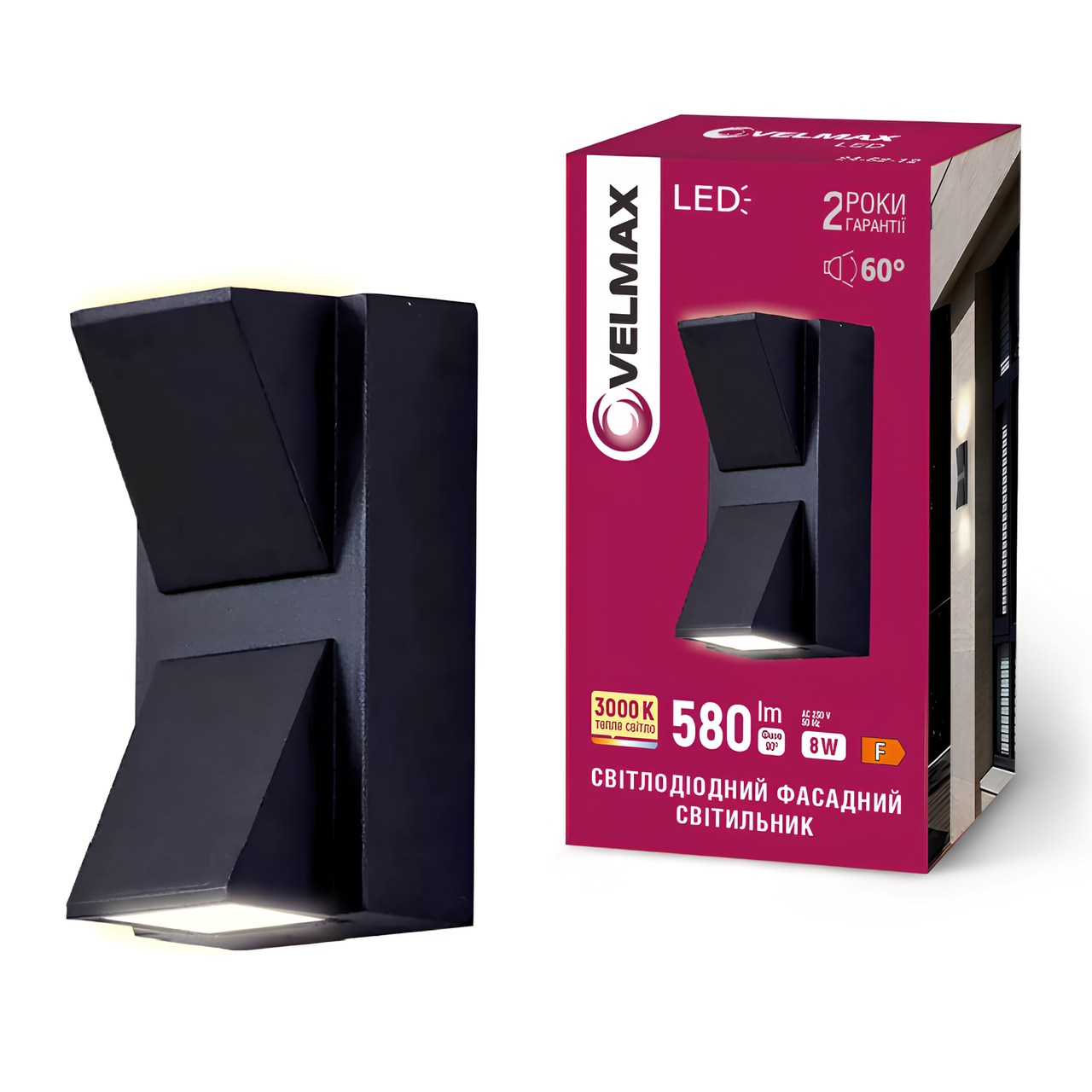 Фасадний LED світильник 8W 3000K накладний IP54 чорного кольору Velmax V-YJ-QS-G14