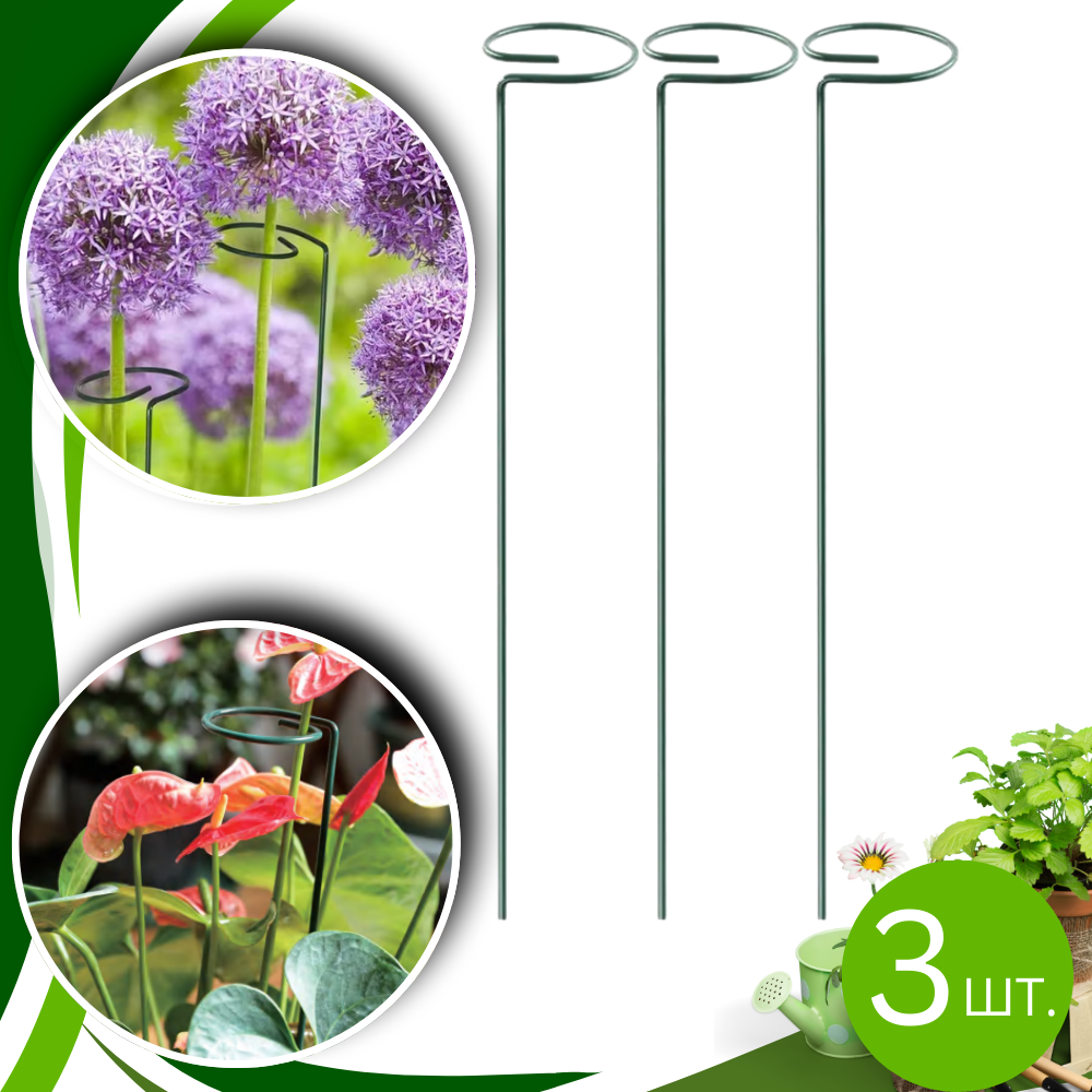 Набір опор 3 штуки для кімнатних і садових рослин з кільцями для підтримки, квітів, розсади розмір 39х4 см, фото 1