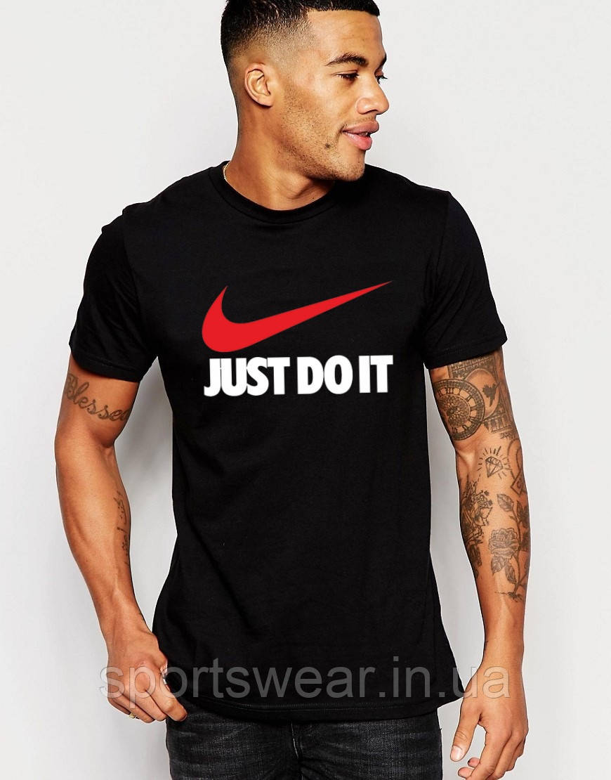Футболка Чоловіча чорна Найк з принтом Nike Just Do It чорна Бавовняна футболка на літо хлопцеві, хлопчику