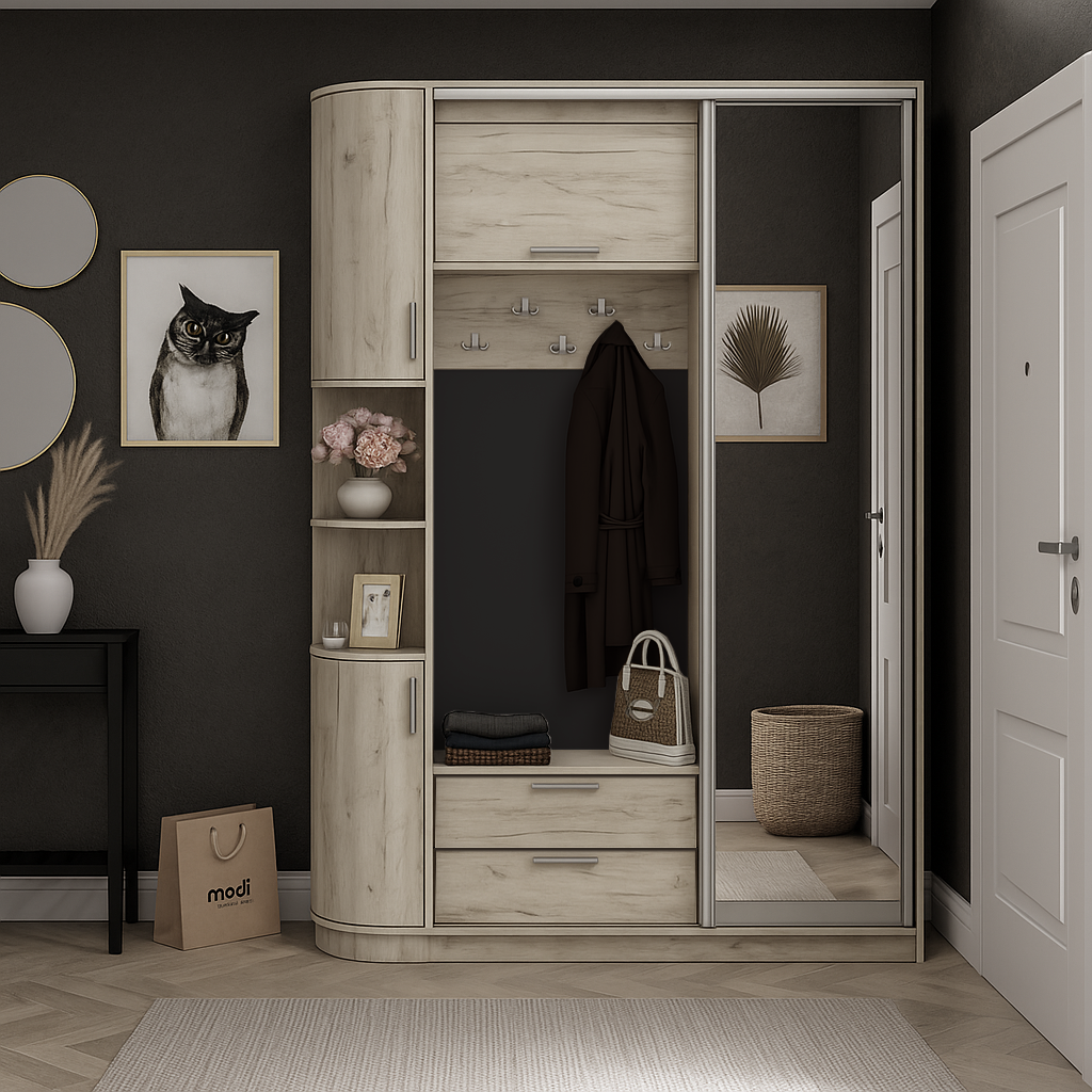 Сучасний білий передпокій з сидінням в коридор 150 см з дзеркалом "Таня купе Овал" Летро (15 варіантів кольору), фото 1