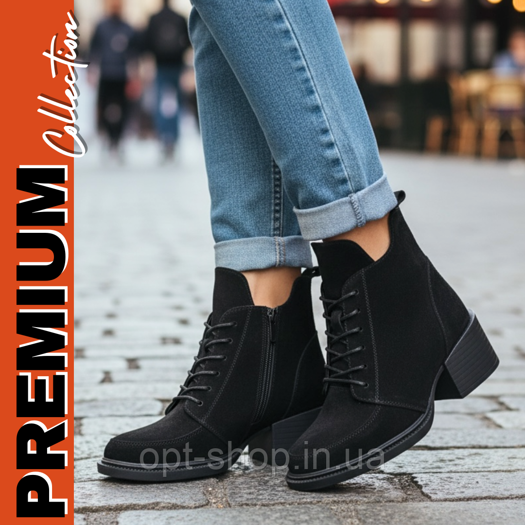 Черевики ботильйони ботільйони Жіночі демісезонні шкіряні чорні на товстому підборі,чоботи жіночі демісезонні, фото 1