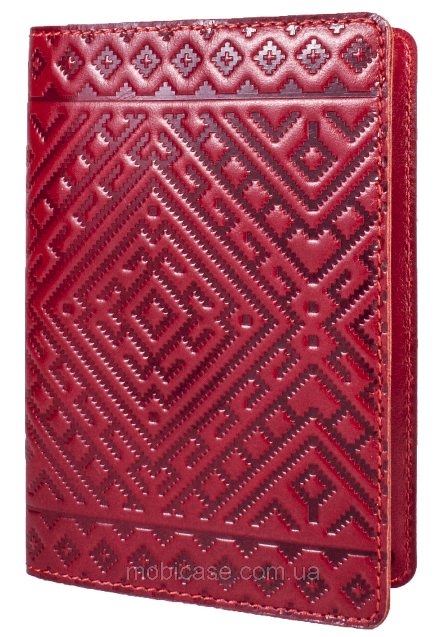 Обкладинка для паспорта VIP (хамелеон червоний) тиснення "Слов'янський орнамент"