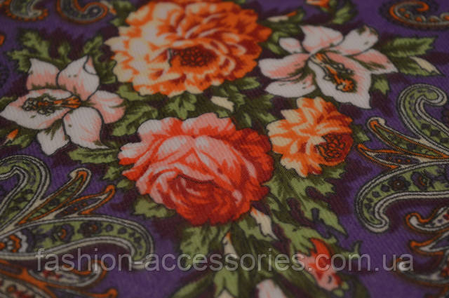 Хустка вовняної в турецькому орнаменті бузковий з трояндами Хустка вовняної з турецьким орнаментом бузковий 3