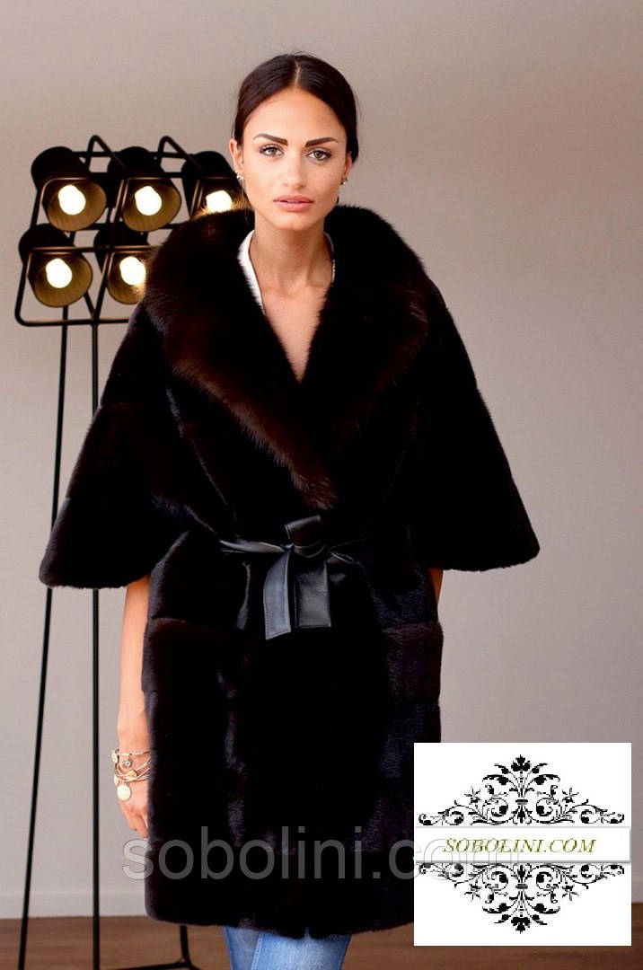 Шуба з хутра канадської норки під пояс, оздоблення з хутра собола, довжина 90 см, фото 1