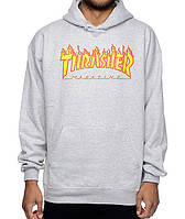 Толстовка з принтом thrasher flame logo | сіра кенгурушка