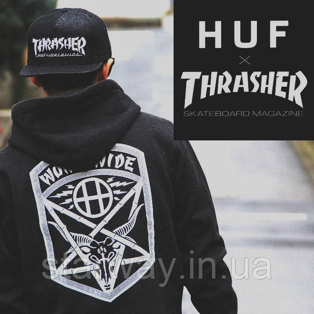 Худі з принтом huf x thrasher worldwide collaboration | стильна толстовка