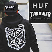 Худи с принтом huf x thrasher worldwide collaboration | стильная толстовка