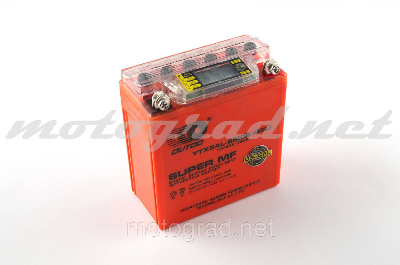 Акумулятор 12 V 5 А гелевий (високий) OUTDO (119x60x128 мм, жовтогарячий, з індикатором заряду, вольтметром)