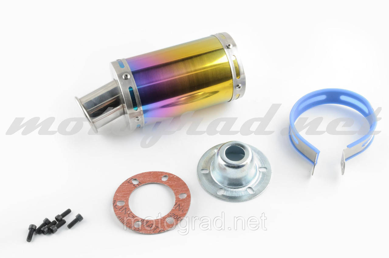 Глушник (тюнінг) 170*100mm, креп. Ø78 mm (неіржавка сталь, короткий, веселка, прямоток, mod:2), фото 1