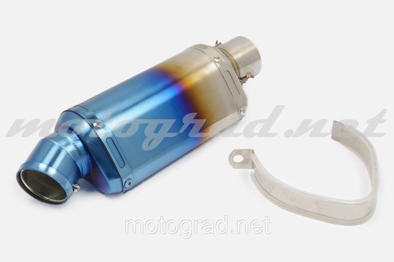 Глушник (тюнінг) 235*88mm, креп. Ø48 mm (неіржавка, овал, сріблясто-синій, прямоток, mod:6), фото 1