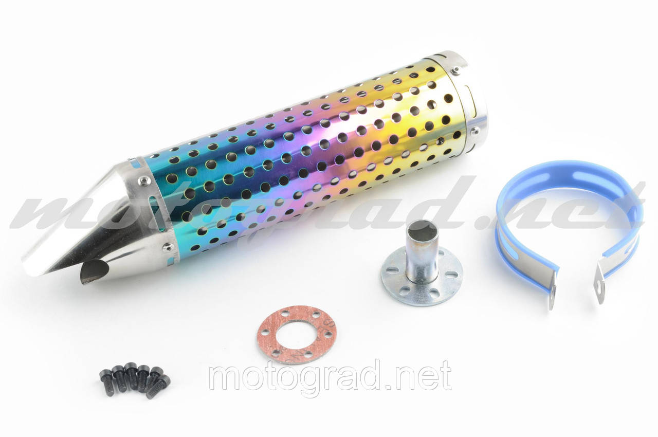 Глушник (тюнінг) 300*88mm, креп. Ø48 mm (неіржавка, веселка, перфорований, mod:1), фото 1