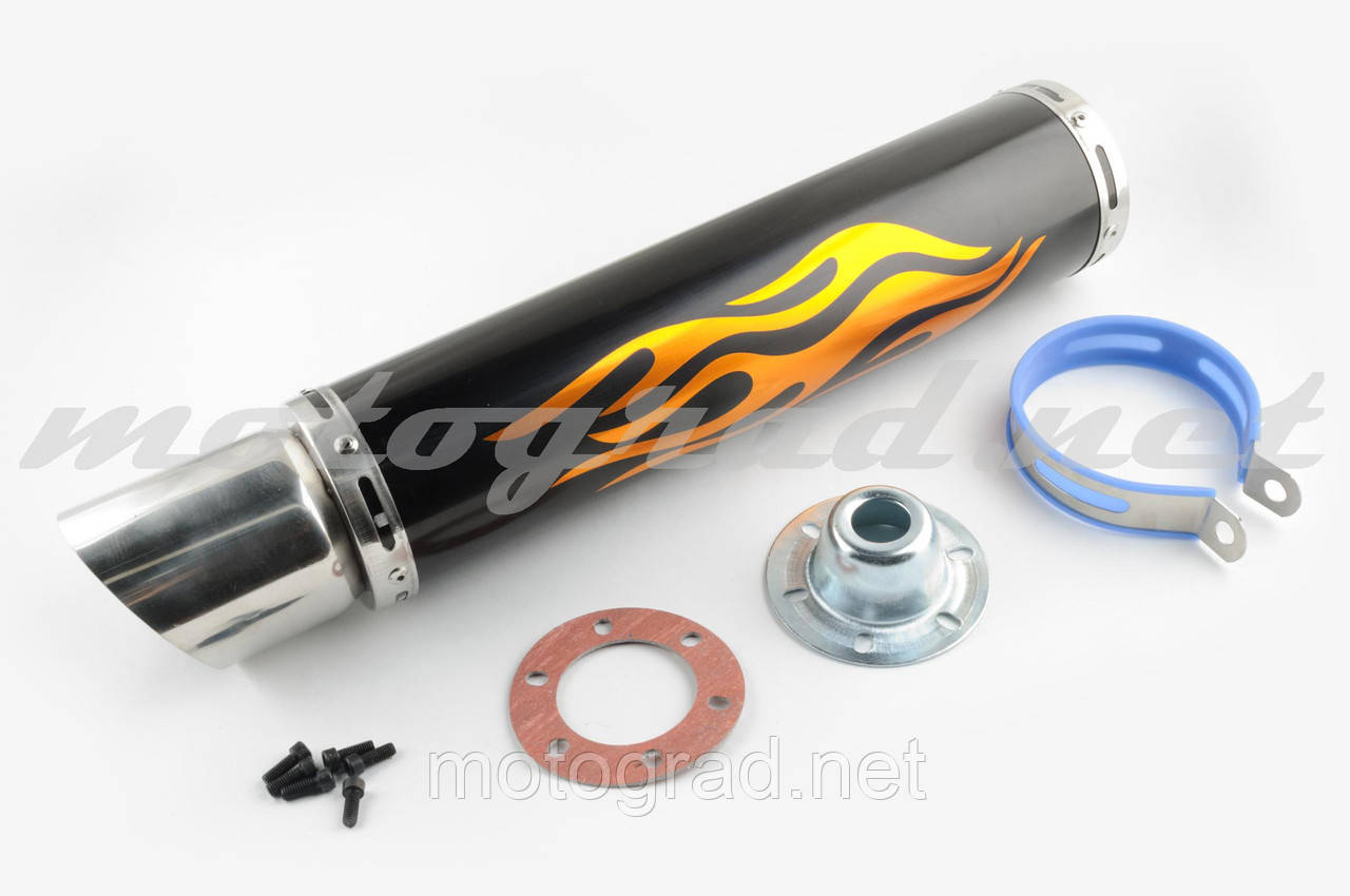 Глушник (тюнінг) 420*100mm, креп. Ø78 mm (неіржавка, полум'я, чорний, прямоток, mod:1)