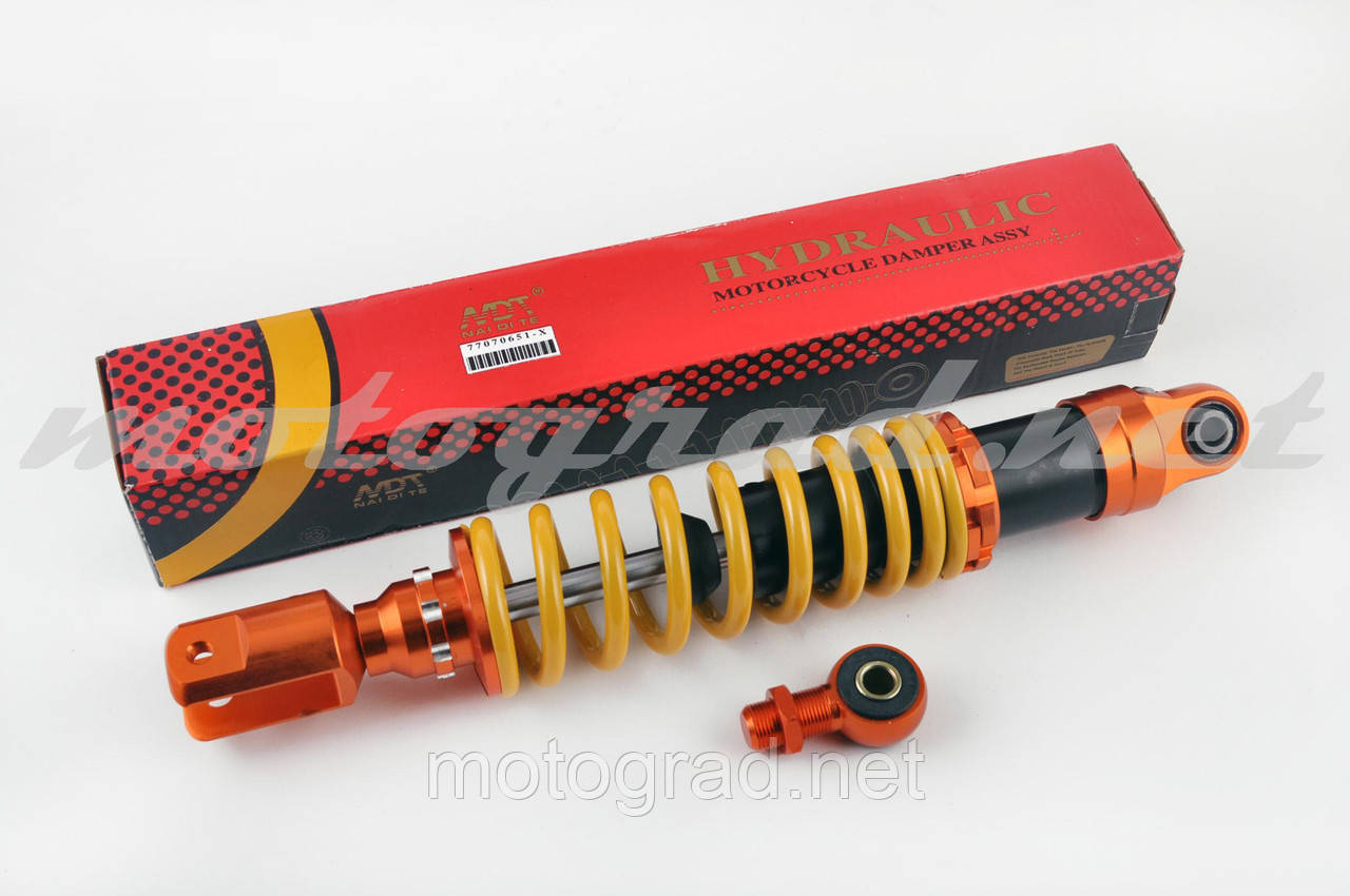 Амортизатор універсальний (+ перехідник) 350mm, тюнінговий "NDT" (оранжево-жовтий)