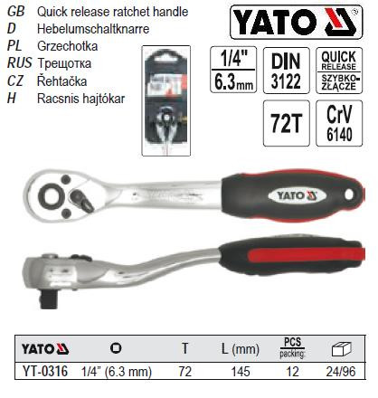 Ключ-тріскачка вигнута M=1/4"(6,3 мм) L=145 мм YT-0316