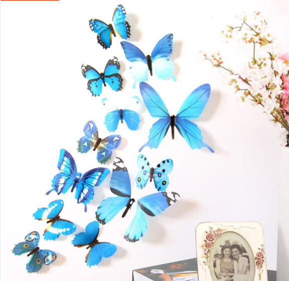 Наклейки на стіну 12 шт 3D метеликів синьо-різнокольрові Б130