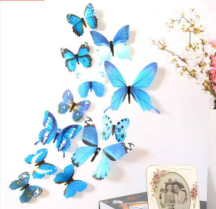 Наклейки на стіну 12 шт 3D метеликів синьо-різнокольрові Б130, фото 1
