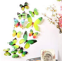 Наклейки на стену 12 шт 3D бабочек зелено-разноцветные Б130
